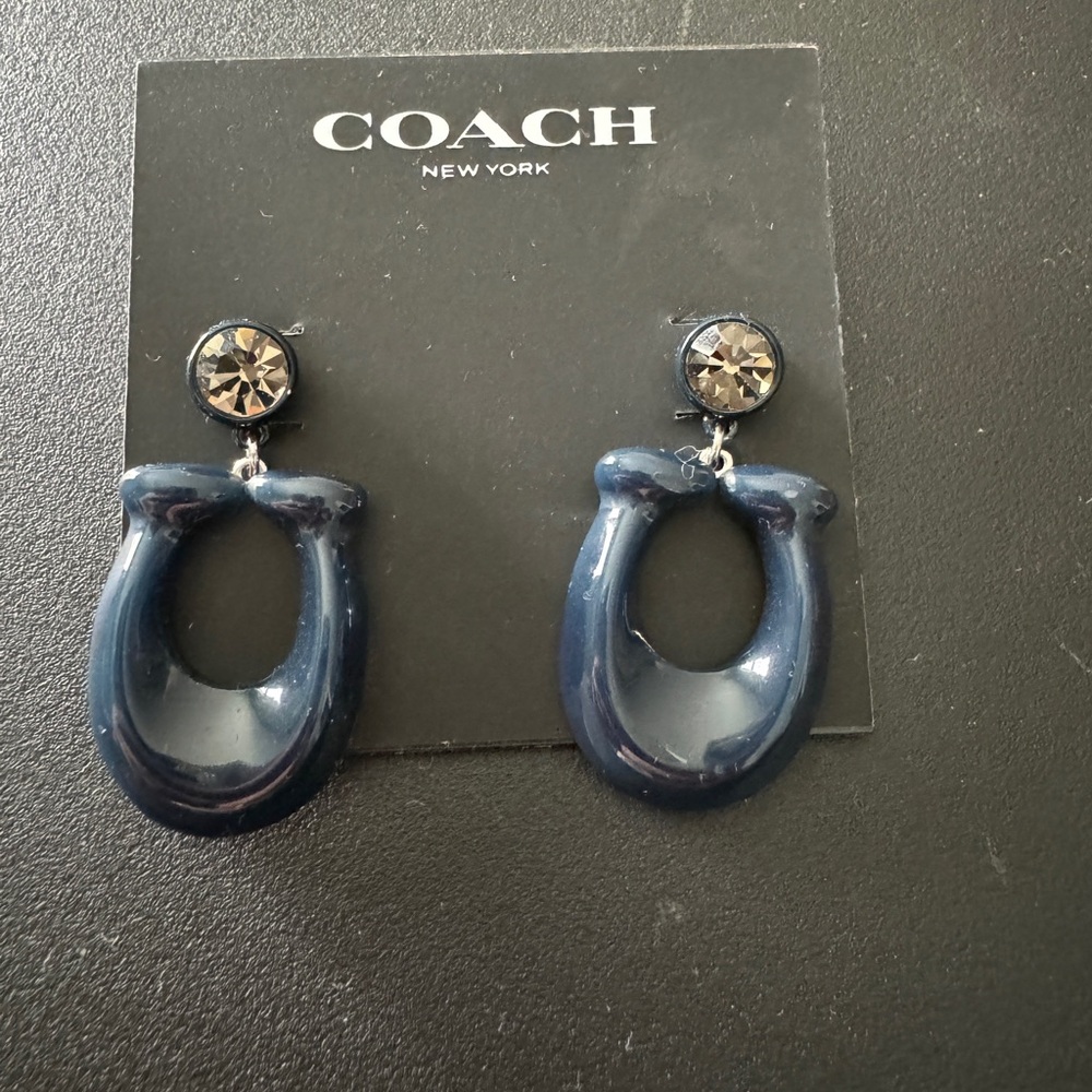 NWT EUC Coach large signature enamel drop earrings #CB412 color UJF (navy)